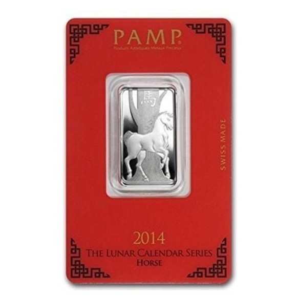 10 Gram PAMP Suisse .999 Fine Silver Bar -2014 Lunar Horse Design In Assay, RARE - Picture 1 of 2